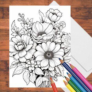 8 Floral Flowers Adult Coloring A7 Cards: DIY Greeting Card Kit with Envelopes